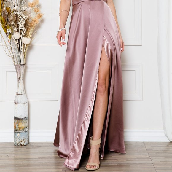 NEW DUSTY ROSE LONG OFF SHOULDER SLEEVELESS DRESS WITH ZIPPER BACK & STRAP BZ012 - Picture 3 of 7